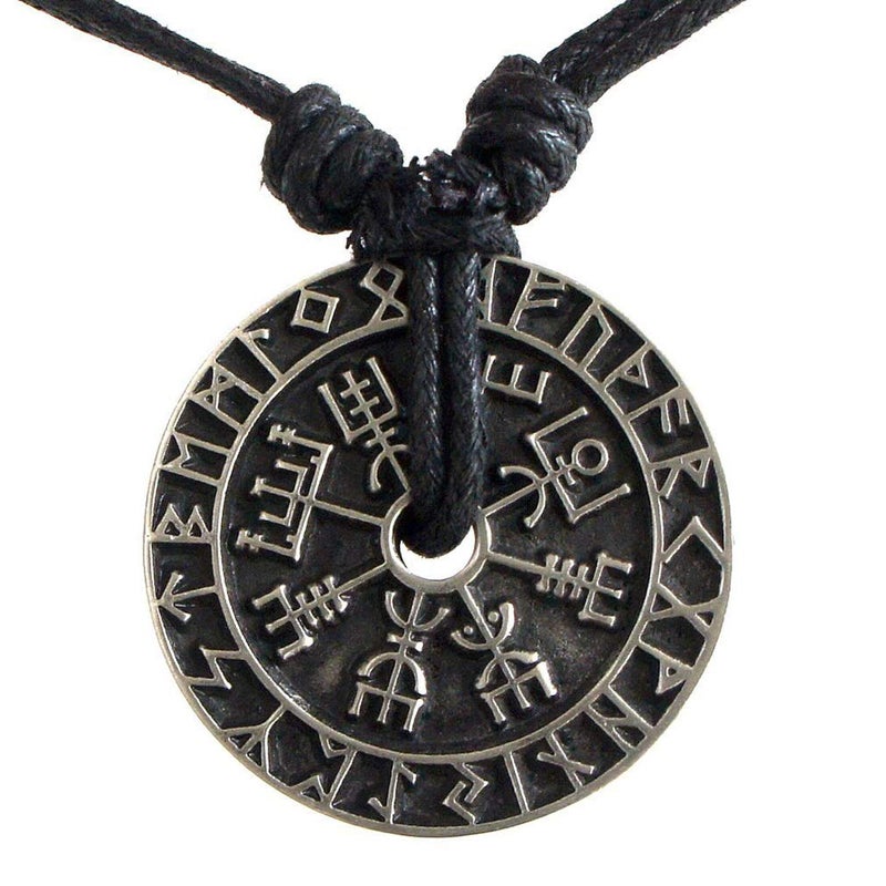 CCBFY Nordic Coin Amulet VegvÃ­sir Odin Triple Horn Triquetra Valknut All in One Pewter Pendant Necklace - Image 1